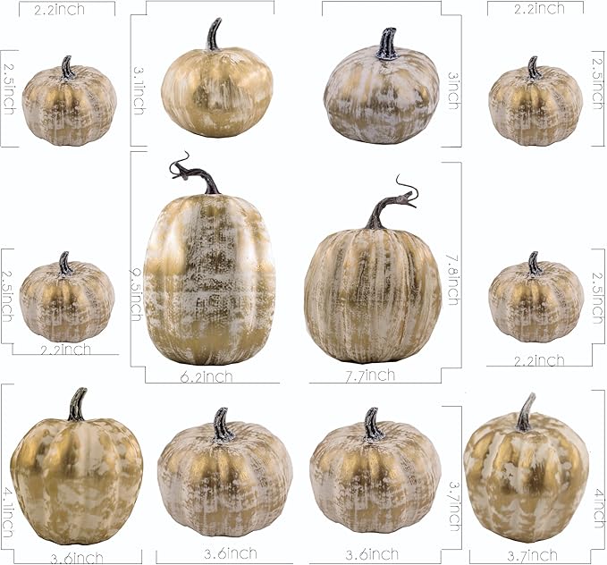 12 PCS Gold Brushed Pumpkins, Thanksgiving Table Centerpiece Decorations, Outdoor Faux Fake Foam Pumpkins for Fall Harvest, Halloween, Thanksgiving, Wedding, Table, Home Decor (Gold Brushed)