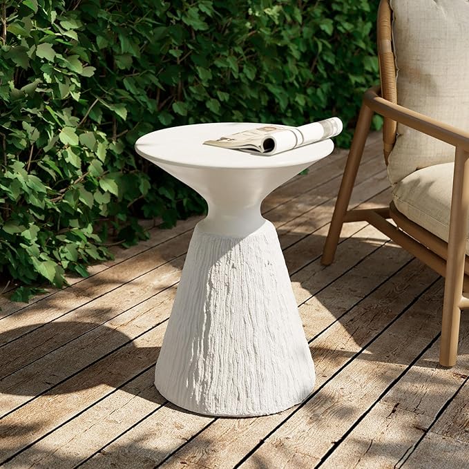 SUNBURY White Outdoor Side Table, Concrete Side Table, Mushroom Round Accent Table Plant Stand,Outside End Marble Garden Stool for Patio, Poolside, White