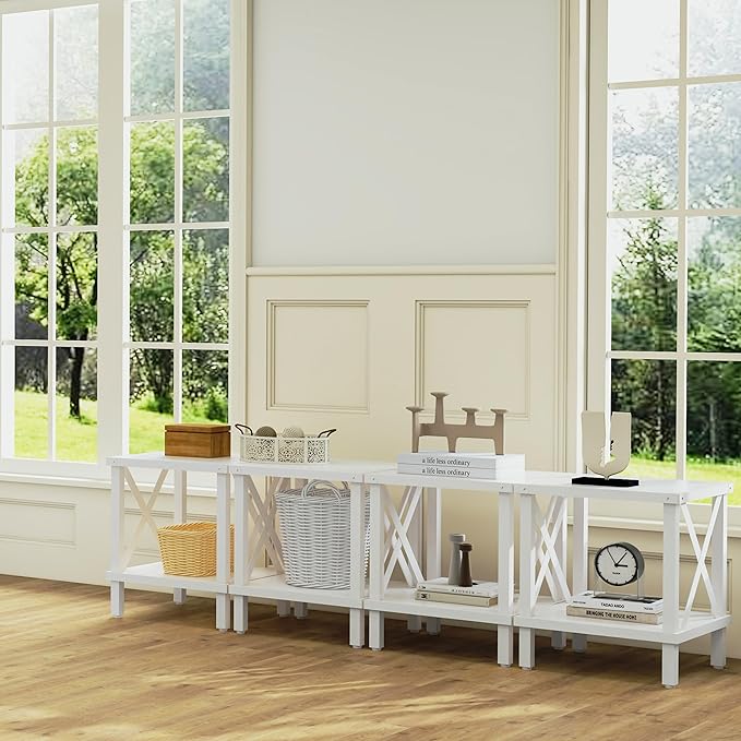 Large End Table Farmhouse Side Table Industrial Style Sofa Table Metal X Accent Wood Coffee Table NightStand with Storage Shelf for Living Room Bedroom White MLBZ16W