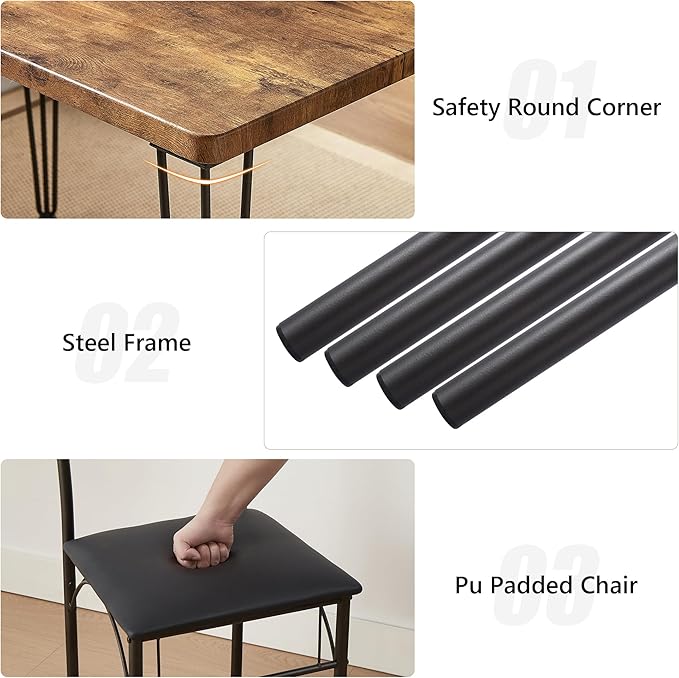 VECELO 3 Piece Dining Table Set for 2, Kitchen Table Set with 2 Chairs for Small Space, Space-Saving and Modern Design, Apartment, Easy to Assemble,Classic Brown