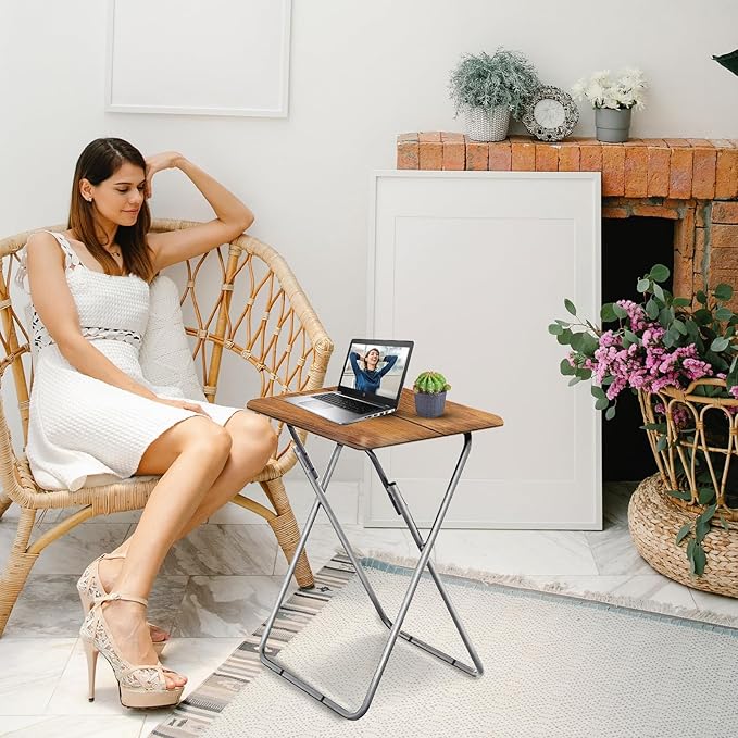 Tv Trays Folding Tv Table, Dinner Table for Eating with Sturdy Metal Frame, Small Foldable Snack Trays Table for Living Room, Couch,Sofa, Bed, No Assembly Required,15 x 18.9in(Yellow Brown,1pcs)