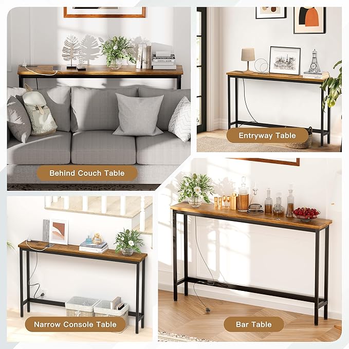 35'' High Behind Couch Table, Narrow Console Table with Outlet, Sofa Table for Entryway Hallway, Living Room, Brown
