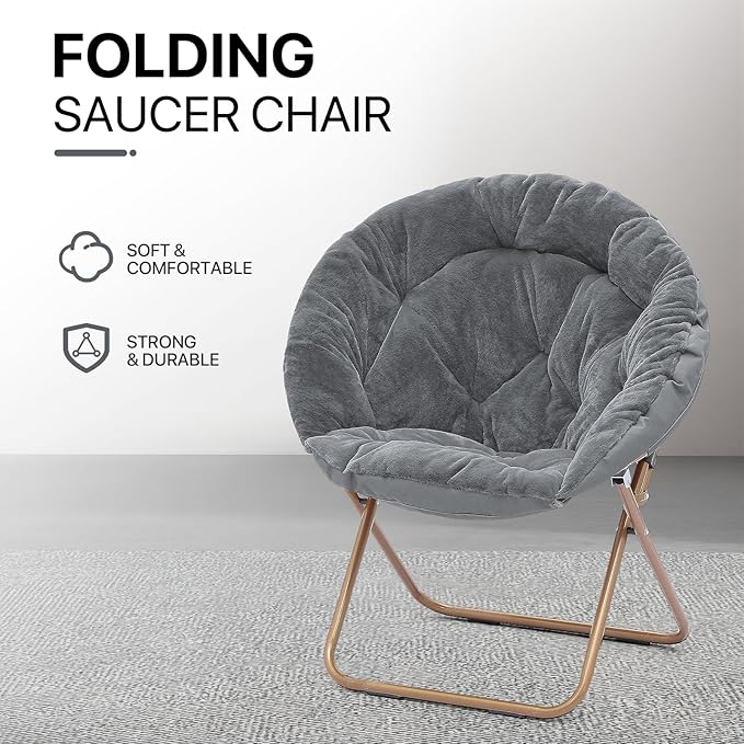 Athena Collection Comfy Saucer Chair Folding Cozy Chair for Bed Room Living Room Accent Chair Faux Fur Reading Chair Foldable Metal Frame Lazy Chair Moon Chair for Adult Set of 2, Grey