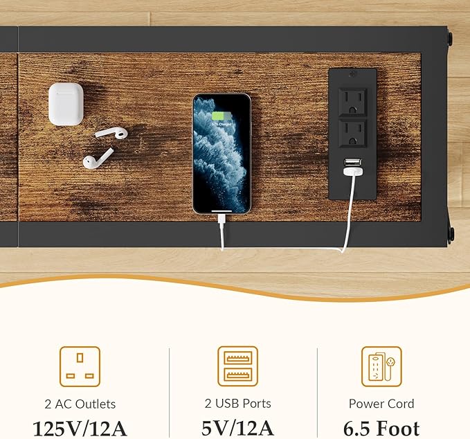 Console Table with Oulets and USB Ports, 55.1" Sofa Table Behind Couch, Industrial Long Skinny Stand for Hallway, Living Room, Bedroom, 6.5 Feet Power Cord, Rustic Brown