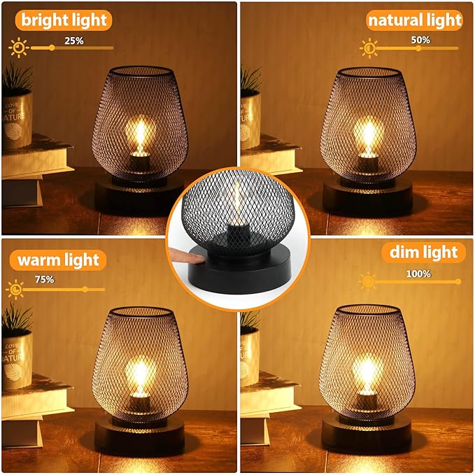 UBright 2 Pack Rechargeable Table Lamp Cordless Table Lamp Battery Operated Lights Metal with 4 Lighting Mode Indoor Outdoor Lights for Patio Bedroom Living Room (Bulb Included) Black