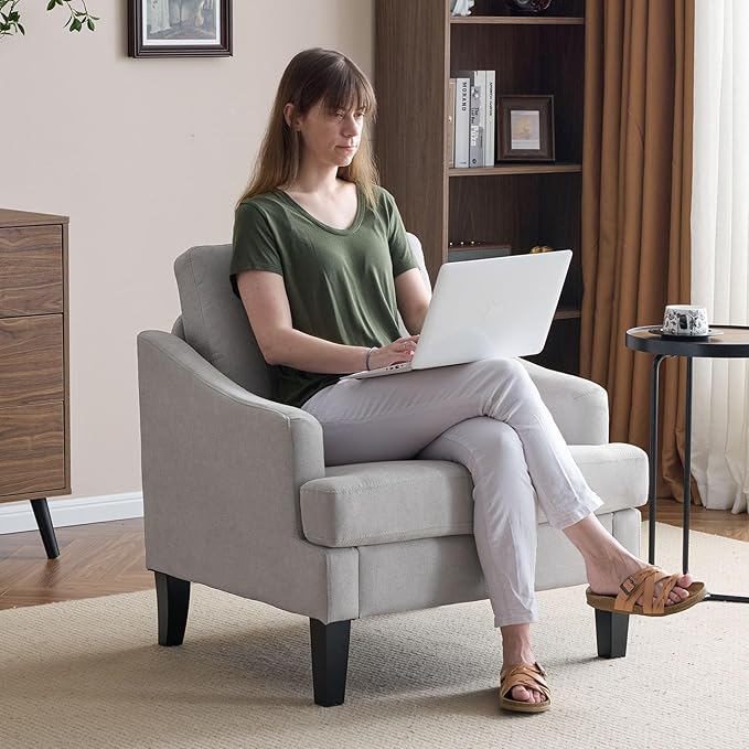 Bezseller Modern Accent Chair, Upholstered Reading Armchair with Wood Legs, Mid-Century Leisure Comfy Single Sofa Chair for Living Room, Bedroom, Home, Office, Light Grey