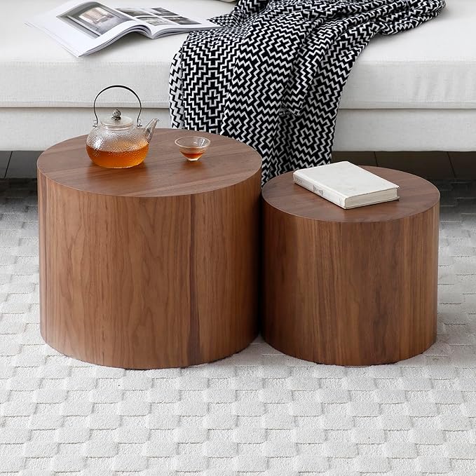 Nesting Coffee Table Set of 2, Modern Round Wooden Circle Accent Coffee Tables for Small Spaces Living Room Bedroom Balcony Office Drum Side Table