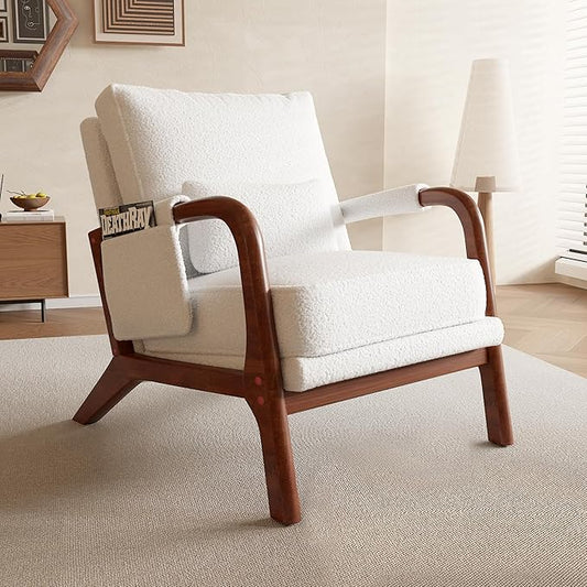Mid Century Modern Chair, Upholstered Lounge Arm Chair with Solid Wood Frame, Comfy Accent Chair for Living Room, Bedroom, Reading, Reception, Sherpa Fleece, White