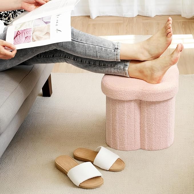 12.6" Small Ottoman with Storage, Flowers Shaped Foldable Foot Rest for Dorm Room, Living Room - Compact Organizer for Small Spaces-Pink