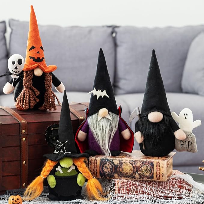 DraMosary Halloween Gnomes Plush Elf Decoration, 4PCS Handmade Reaper Witch Vampire Pumpkin Ghost Dolls for Halloween Table Ornament, Tiered Tray Decor, Party Favor, Trick or Treat