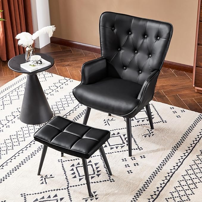 Furniliving PU Leather Accent Chair with Ottoman, Upholstered Reading Chair with High Backrest, Tufted-Button Wingback Armchair for Bedroom, Dressing Room, Home Office, Black
