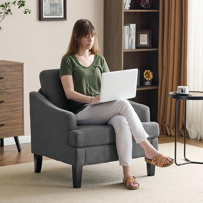 Bezseller Modern Accent Chair, Upholstered Reading Armchair with Wood Legs, Mid-Century Leisure Comfy Single Sofa Chair for Living Room, Bedroom, Home, Office, Dark Grey