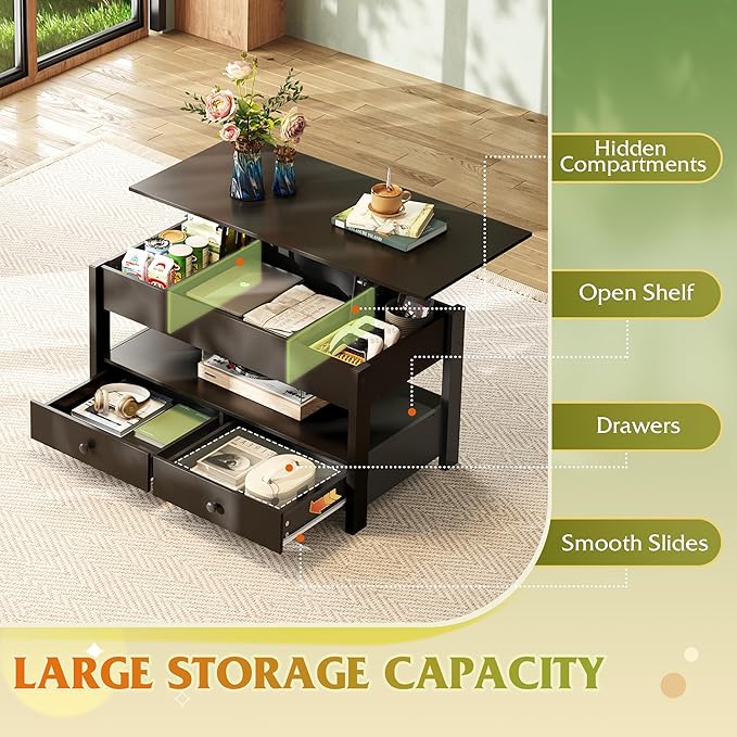 WLIVE Coffee Table, Lift Top Coffee Table with 2 Drawers, Large Hidden Hidden Compartment and Open Shelf, Lift Tabletop, Dining Table for Living Room, Black