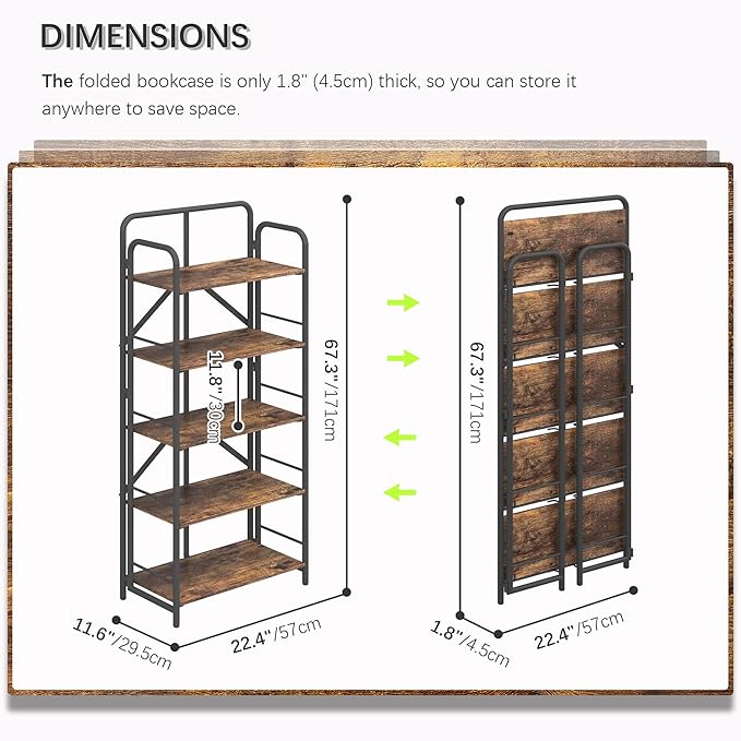 4NM No Assembly Folding Bookshelf, 5 Tiers Collapsible Book Shelves Open Industrial Foldable Storage Bookcase Shelf for Bedroom, Living Room, Home Office - Rustic Brown and Black