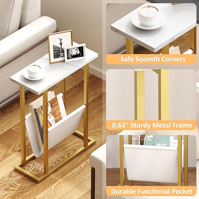 Yusong Narrow Side Table for Small Spaces, Small End Table with Magazine Holder, Skinny Slim Little Thin Table for Living Room, Bedroom, Sofa, White and Gold
