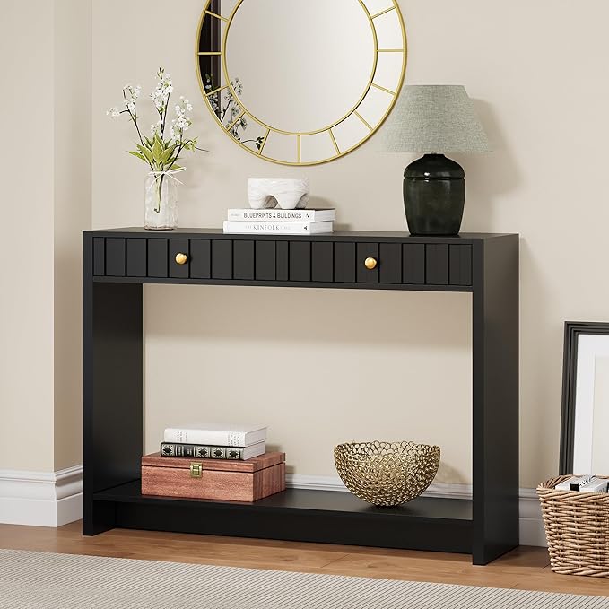 AVZEAR Entryway Console Table with Fluted Drawers, Mid Century Entryway Table with Storage, 43" Long Couch Table Behind Sofa Narrow Sofa Table Console Tables for Living Room Hallway Entrance, Black