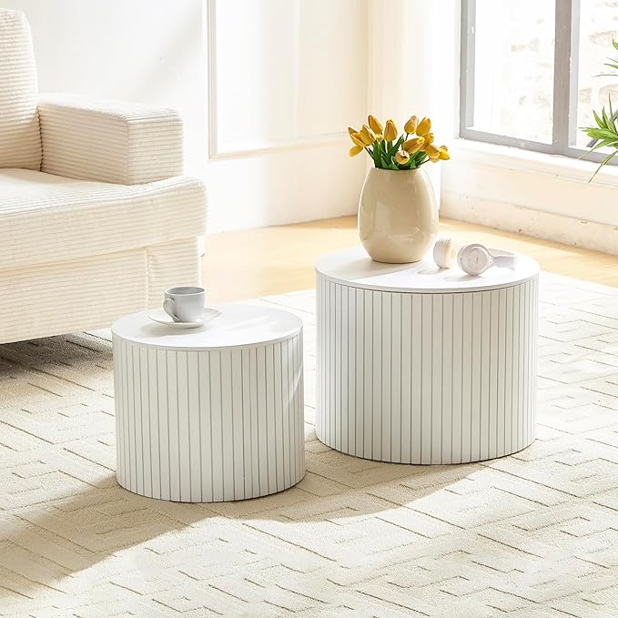 19.17" Nesting Coffee Table with Storage, Wooden Coffee Tables Set of 2, Circle Side Table for Small Spaces, Accent End Table for Living Room, Apartment, Office, Dorm.(White)
