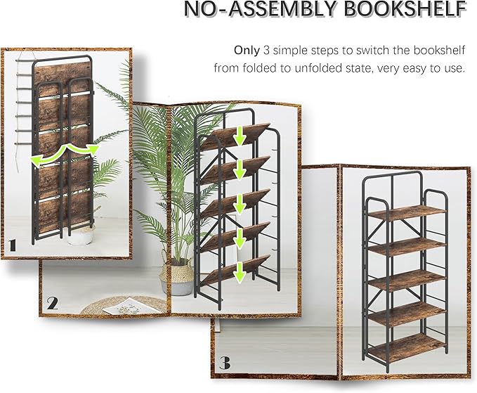 4NM No Assembly Folding Bookshelf, 5 Tiers Collapsible Book Shelves Open Industrial Foldable Storage Bookcase Shelf for Bedroom, Living Room, Home Office - Rustic Brown and Black