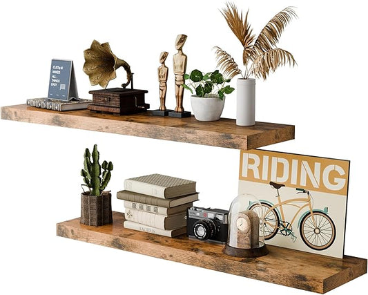 12 Inch Deep Floating Shelves, 48 Inch Fireplace Mantel Set of 2, Rustic Brown Hanging Shelf with Invisible Brackets, Display Shelves Wall Mounted for Bedroom, Kitchen, Office, Living Room