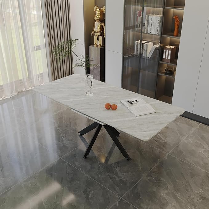 Marble Dining Table for 4-8, 62.4''-78.15'' Extendable Dining Table, Modern Kitchen Table, Space Saving Rectangular Table for Office and Dining Room (Grey)