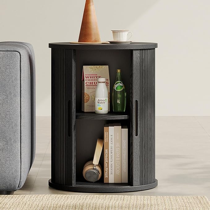 LINSY HOME Round Fluted End Table, Tall Side Table with Sliding Tambour Door and Storage Shelf, Mid Century Modern Nightstand for Living Room, Bedroom, Black