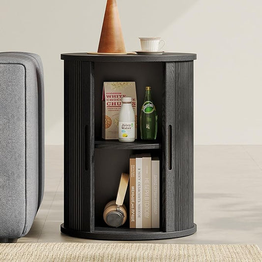LINSY HOME Round Fluted End Table, Tall Side Table with Sliding Tambour Door and Storage Shelf, Mid Century Modern Nightstand for Living Room, Bedroom, Black
