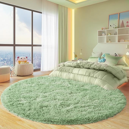 Round Fluffy for Bedroom Rugs, 5Ft Sage Green Shag Circle Rug Non-Slip for Kids Girls Boys Bedroom Dorm Nursery Playroom, Soft Cute Area Rugs for Living Room Decor