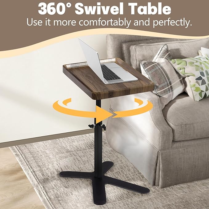Aoligrace Walnut Side Table Adjustable Height, 360° Swivel C Shaped End Table with Metal Base, Small TV Tray for Living Room Bedroom Small Spaces, Sofa Couch Tables That Slide Under