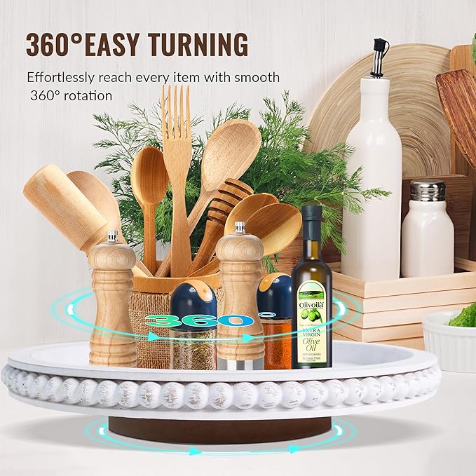 HPC Decor 12Inch Beaded Lazy Susan- Wooden Lazy Susan Organizer for Farmhouse Table Decor, Round Turntable for Table Cabinet,Countertop- Kitchen Turntable 360 Degrees Rotating Table Spinning Tray.