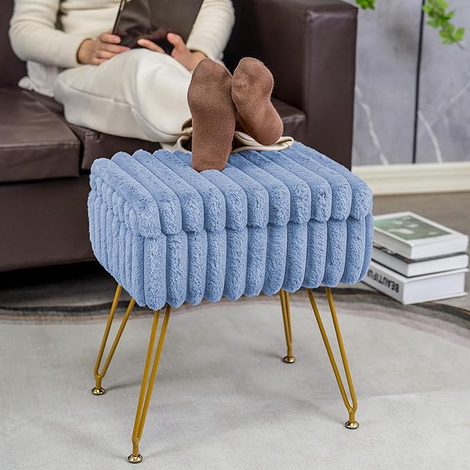 Faux Fur Vanity Stool Chair with Storage Ottoman, Vanity Chair for Makeup Room, Vanity Stools for Bedroom, Footrest with Metal Legs and as a Coffee Table, Blue