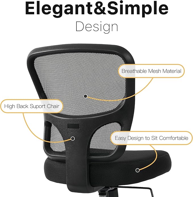 Armless Desk Chair - Height Adjustable, Ergonomic High Back Task Swivel With Wheels, Rolling Office Stool for Small Spaces, Home, Bedroom, Study - Black