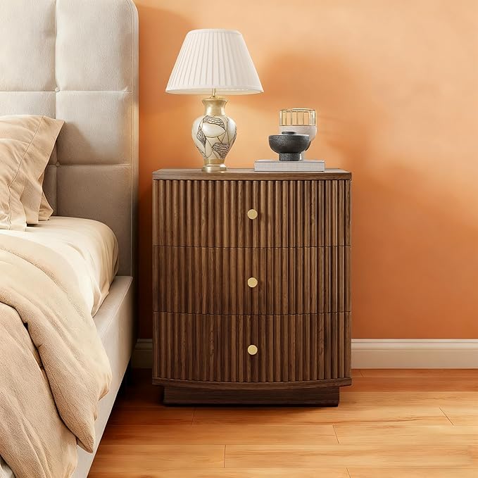 Grooved Wood End Table with 6 Drawers, Curved Edge Storage Side Table, Six Drawer Nightstand Compact Sofa Bedside Table for Bedroom, Living Room and Small Spaces, Walnut X2