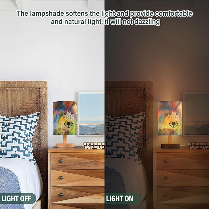 Table Lamp Colorful Dog Paint Portrait Nightstand Lamp with Wood Base Fabric Lamp Shade Bedside Desk Lamp for Living Room Bedroom Kids Room Office