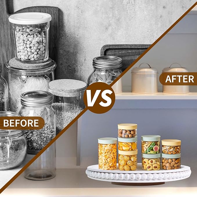 HPC Decor 12Inch Beaded Lazy Susan- Wooden Lazy Susan Organizer for Farmhouse Table Decor, Round Turntable for Table Cabinet,Countertop- Kitchen Turntable 360 Degrees Rotating Table Spinning Tray.