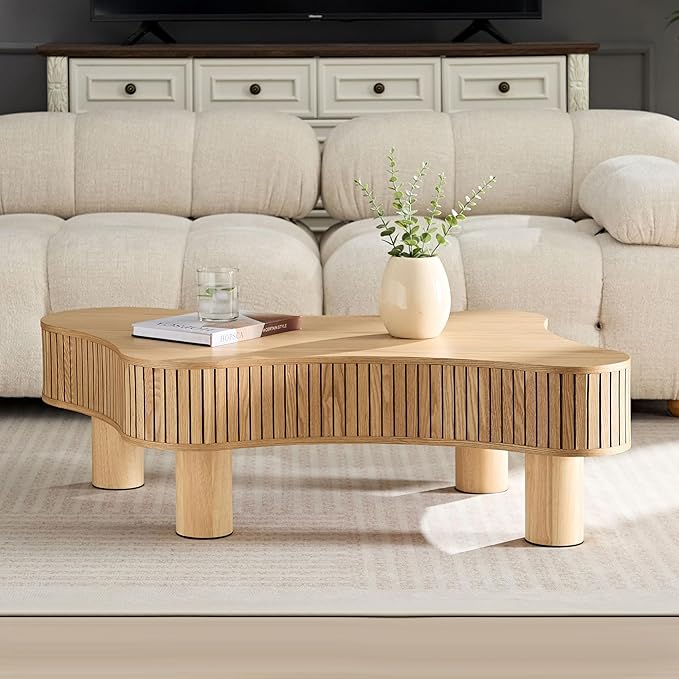 Modern Wooden Handcraft Drum Coffee Table, 42.52'' Irregular Shaped, Small Coffee Table/Side Table/End Table with Sturdy Pedestal, Natural Color