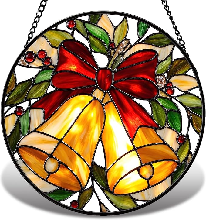 Christmas Stained Glass Window Hanging Sun Catcher, Christmas Bell Suncatcher with Red Bow for Window Ornament, Festive Wall Art Decor Gift for Women, Men (Golden Bell, 9'')