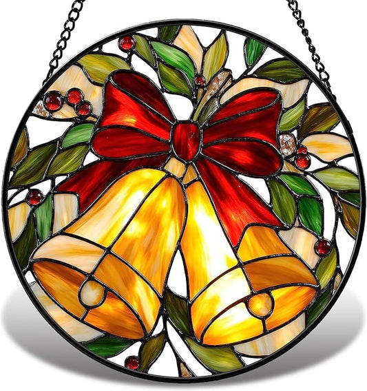 Christmas Stained Glass Window Hanging Sun Catcher, Christmas Bell Suncatcher with Red Bow for Window Ornament, Festive Wall Art Decor Gift for Women, Men (Golden Bell, 9'')