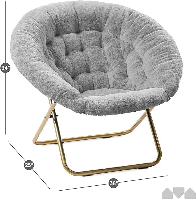 Milliard Saucer Chair for Adults, Teens & Kids, Light Grey, Faux Fur XL Circle Chair for Bedroom, Dorm & Gaming, Foldable Comfy Accent Seat for Small Spaces, Folding Moon/Mushroom/Round Style