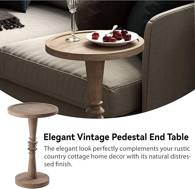 Pedestal Small Drinking Table, Farmhouse Tray Top End Table, Distressed Finish, Wood Color
