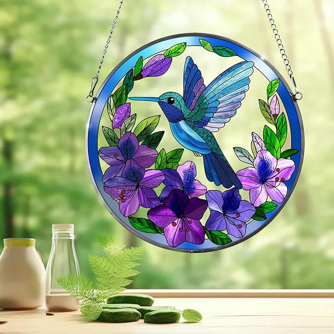 Stained Glass Sun Cather for Window Hanging, 8.6'' Hummingbird Suncatcher with Flowers for Indoor Ornament, Bird Stain Glass Home Decor for Women, Mother