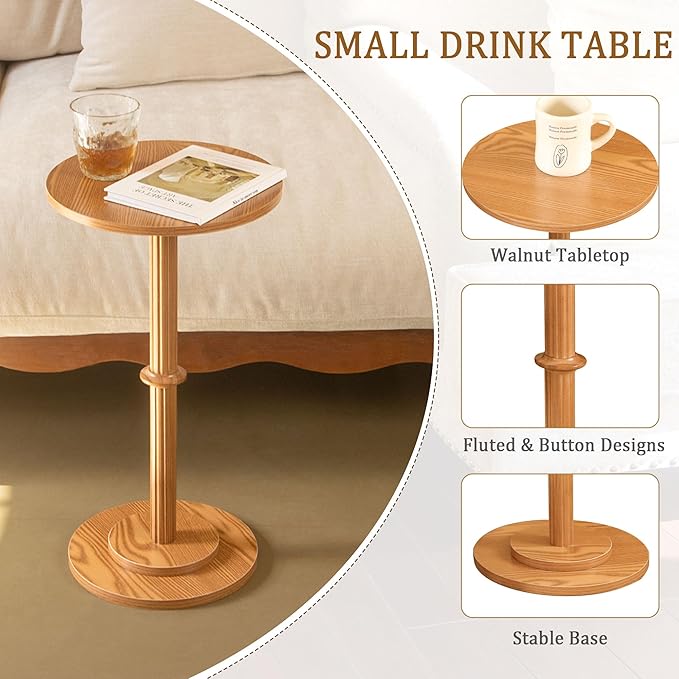 MaxSmeo Drink Table, Small Side Table for Small Spaces, Modern Round End Table with Fluted Wood Leg, Brown