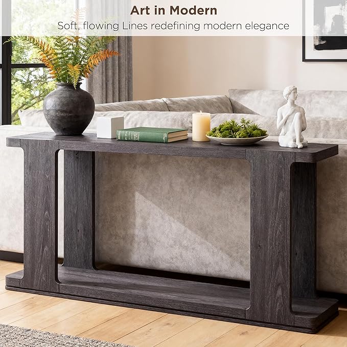 OKD 63 Inch Modern Entryway Console Table, 2-Tier Long Sofa Table Behind Couch with Curved Edge, Wood Farmhouse Narrow Entry Table for Hallway, Living Room, Foyer, Entrance, Dark Alder