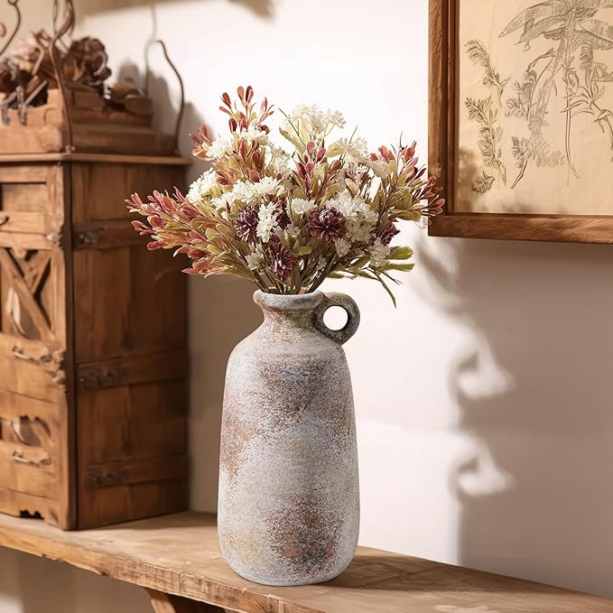 Sunddo 10 Inch Rustic Terracotta Ceramic Vase, Farmhouse Vintage Flower Vase with Handle, Centerpiece Table Decorations, Living Room Kitchen Bedroom Desk Shelf Decor Gift