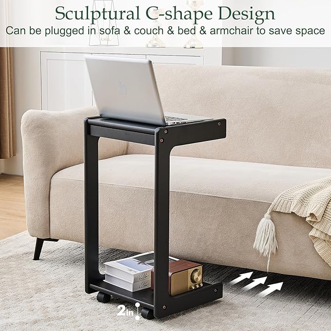 Wood Side Table for Couch - C Shaped Rolling End Table with Wheels, Wooden Modern Small Tv Tray Bedside Tables with Drawer for Sofa Armchair Living Room Bedroom, Black, 13 in x 14.4 in x 26 in