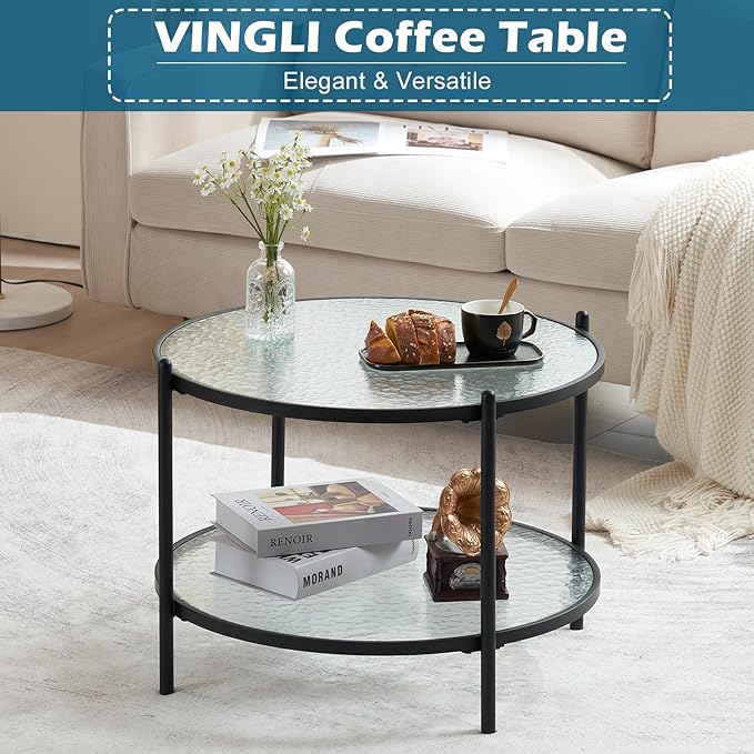 VINGLI 25.6" Small Matte Black Round Coffee Table Water-Wave Glass Circle Clear Coffee Table, Center Table with 2-Tier Modern Storage Design for Living Room, Bedroom, Meeting Room, Balcony, Patio