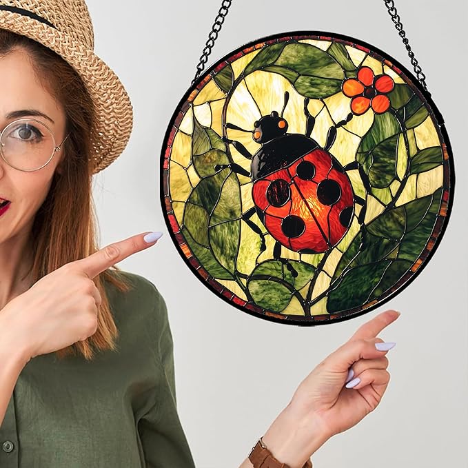 Stained Glass Window Hanging - Red Ladybug Green Plant Flower Sun Catcher for Door Home Decor Insect Suncatcher Christmas Mother's Day Birthday Gifts for Women Men Mom Nana 11.8 in