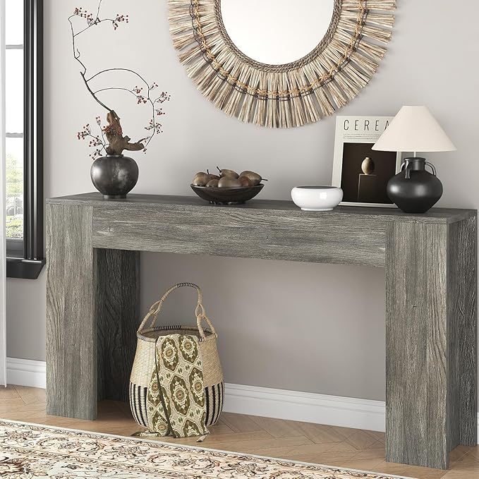 63-Inch Long Console Table with LED Light, Farmhouse Sofa Table Behind Couch, Wooden Console Table for Entryway Hallway Entrance Living Room, Gray