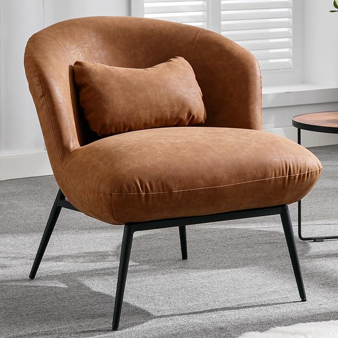 DUOMAY Modern Accent Chairs Set of 2, PU Upholstered Leisure Chair Single Sofa Chair Lounge Chair with Lumbar Pillow Metal Legs Slipper Chair for Living Room Bedroom Office, Brown