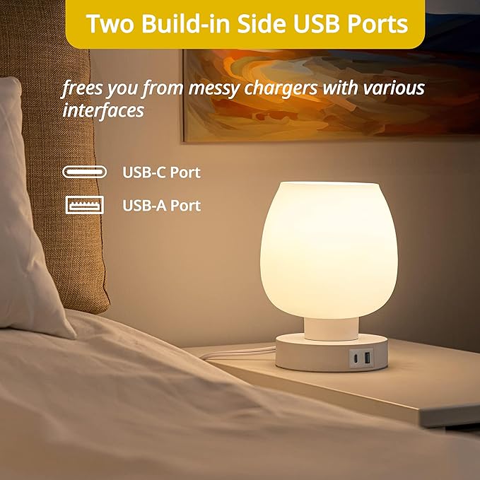 Touch Bedside Lamp, Mini Stepless Dimmable Table Lamps for Bedroom for Night Stands, Small Desk Lamp with Brightness Memory, USB Charging Ports, Warm LED Bulb, White, Round Shape, 1 Set