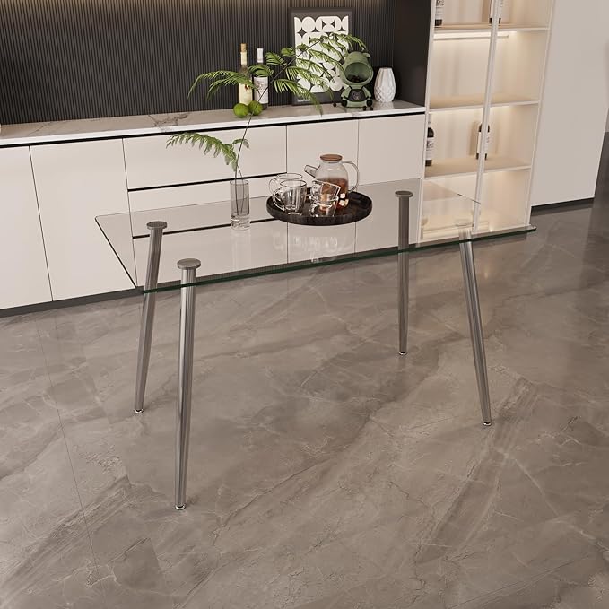 Glass Dining Table, 51'' Rectangle Dining Room Table,Modern Kitchen Table with Tempered Glass Tabletop and Metal Leg,Dining Table for 4 Suitable Kitchen Dining Living Meeting Room